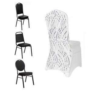 Banquet Chair Covers |  White Black Spandex Fitted Banquet Chair Cover With Wave Embroidered Sequins