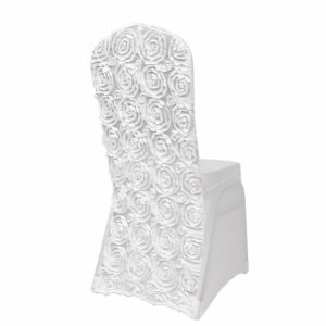 Banquet Chair Covers |  White Satin Rosette Spandex Stretch Banquet Chair Cover, Fitted Slip On Chair Cover