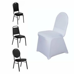 Banquet Chair Covers |  White Spandex Stretch Fitted Banquet Slip On Chair Cover – 160 GSM