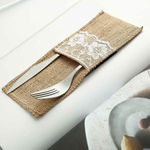 Burlap  |  10 Pack 4″x8″ Natural Burlap Lace Single Set Silverware Holder Pouch