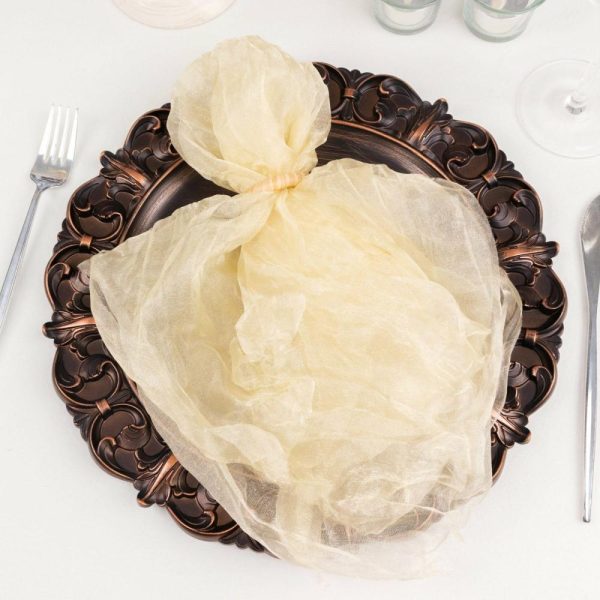 Burlap  |  5 Pack Champagne Sheer Crinkled Organza Dinner Napkins, Premium Shimmer Decorative Wedding Napkins – 21″x21″