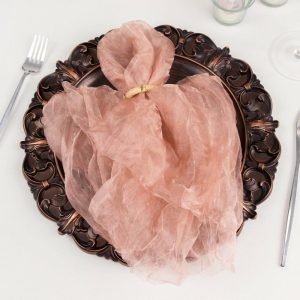 Burlap  |  5 Pack Dusty Rose Sheer Crinkled Organza Dinner Napkins, Premium Shimmer Decorative Wedding Napkins – 21″x21″