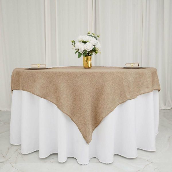 Burlap & Lace |  54″ Natural Jute Seamless Faux Burlap Square Table Overlay Boho Chic Table Linen