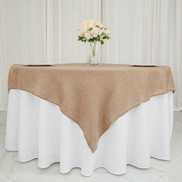 Burlap & Lace |  54″ Natural Jute Seamless Faux Burlap Square Table Overlay Boho Chic Table Linen