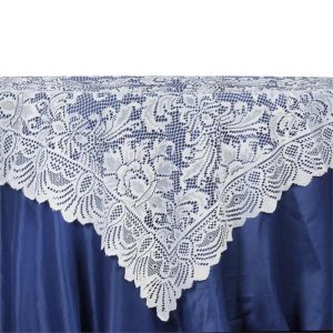 Burlap & Lace |  54″x54″ White Victorian Lace Square Table Overlay