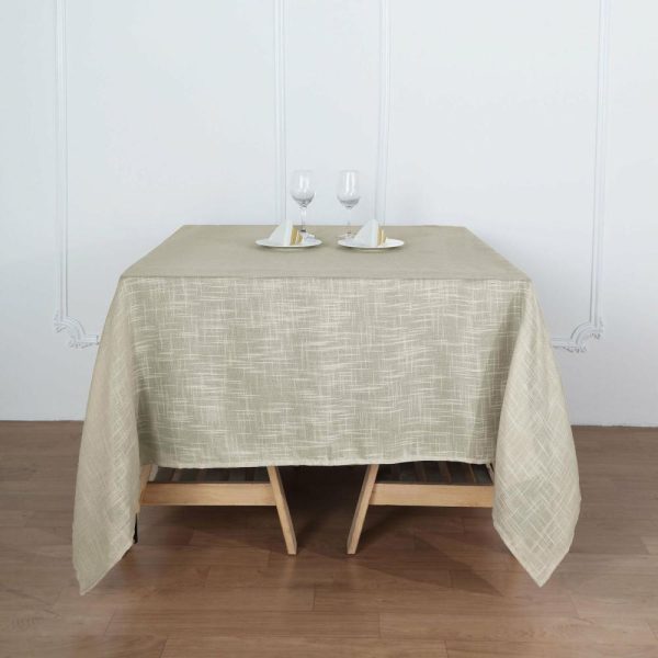 Burlap & Lace |  72″x72″ Beige Slubby Textured Linen Square Table Overlay, Wrinkle Resistant Polyester Tablecloth Topper