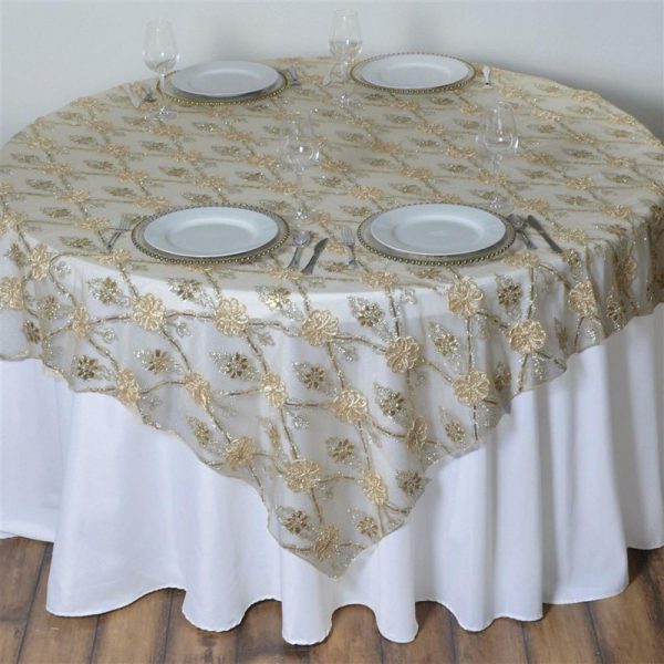 Burlap & Lace |  72″x72″ Champagne Satin Sequin Floral Embroidered Lace Table Overlay