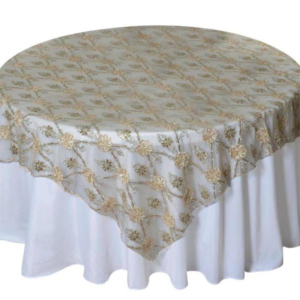 Burlap & Lace |  72″x72″ Champagne Satin Sequin Floral Embroidered Lace Table Overlay