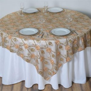 Burlap & Lace |  72″x72″ Gold Satin Sequin Floral Embroidered Lace Table Overlay