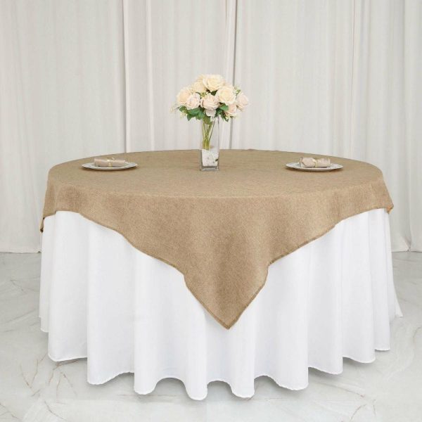 Burlap & Lace |  72″x72″ Natural Faux Jute Burlap Square Table Overlay, Boho Chic Linen Tablecloth Topper