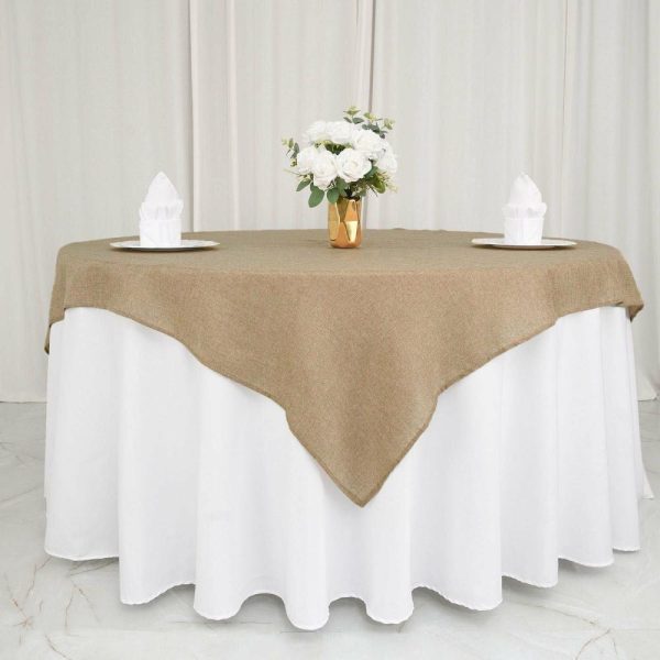 Burlap & Lace |  72″x72″ Natural Faux Jute Burlap Square Table Overlay, Boho Chic Linen Tablecloth Topper