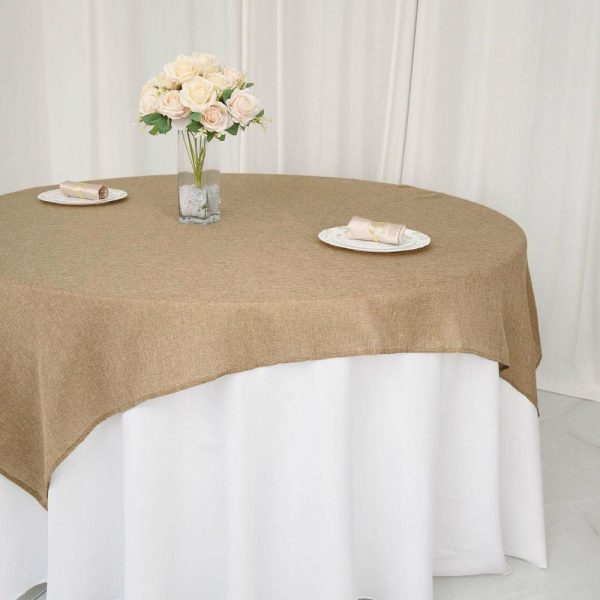 Burlap & Lace |  72″x72″ Natural Faux Jute Burlap Square Table Overlay, Boho Chic Linen Tablecloth Topper