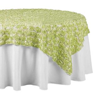 Burlap & Lace |  72″x72″ Tea Green Satin 3D Rosette Lace Square Table Overlay