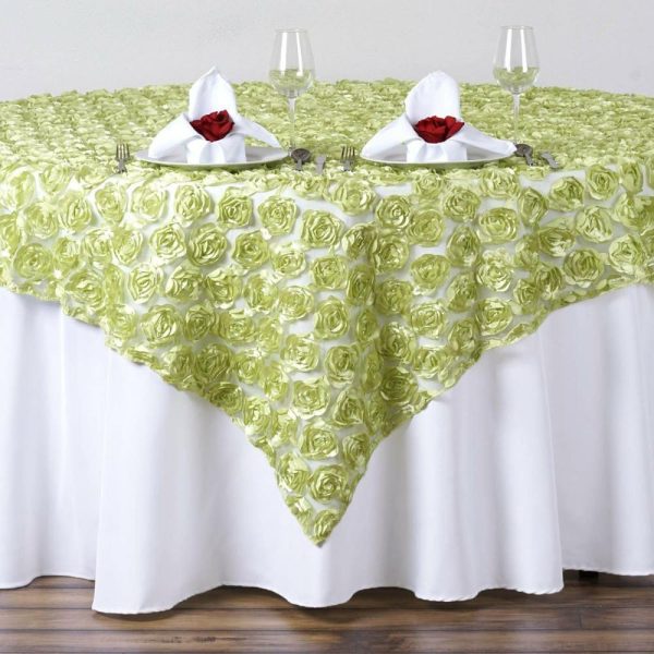 Burlap & Lace |  72″x72″ Tea Green Satin 3D Rosette Lace Square Table Overlay