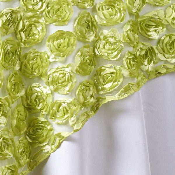 Burlap & Lace |  72″x72″ Tea Green Satin 3D Rosette Lace Square Table Overlay