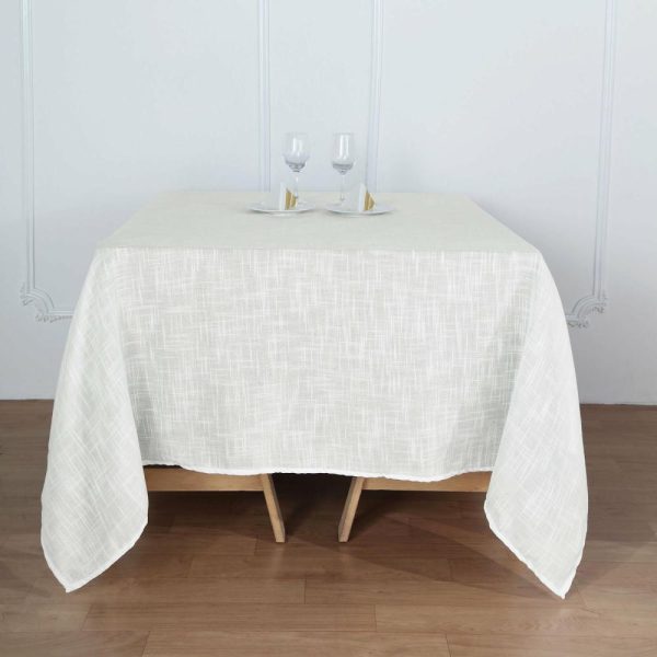 Burlap & Lace |  72″x72″ White Slubby Textured Linen Square Table Overlay, Wrinkle Resistant Polyester Tablecloth Topper