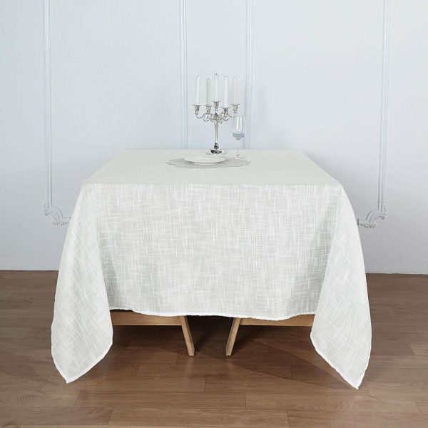 Burlap & Lace |  72″x72″ White Slubby Textured Linen Square Table Overlay, Wrinkle Resistant Polyester Tablecloth Topper