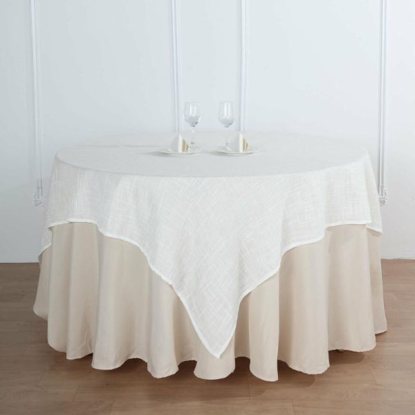 Burlap & Lace |  72″x72″ White Slubby Textured Linen Square Table Overlay, Wrinkle Resistant Polyester Tablecloth Topper