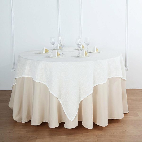 Burlap & Lace |  72″x72″ White Slubby Textured Linen Square Table Overlay, Wrinkle Resistant Polyester Tablecloth Topper