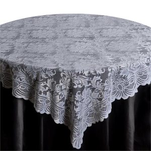 Burlap & Lace |  72″x72″ White Victorian Lace Square Table Overlay