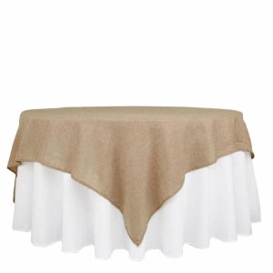 Burlap & Lace |  90″x90″ Natural Boho Chic Faux Burlap Jute Square Table Overlay