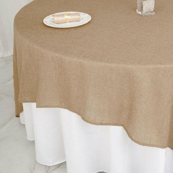 Burlap & Lace |  90″x90″ Natural Boho Chic Faux Burlap Jute Square Table Overlay