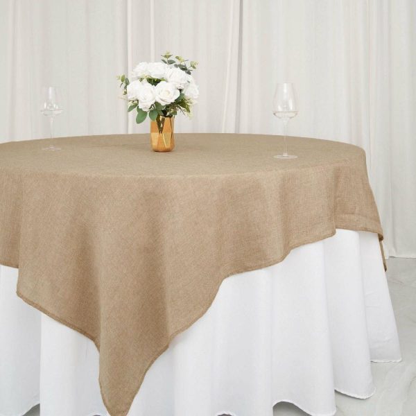 Burlap & Lace |  90″x90″ Natural Boho Chic Faux Burlap Jute Square Table Overlay