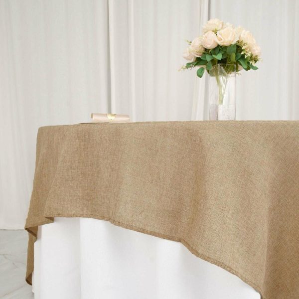 Burlap & Lace |  90″x90″ Natural Boho Chic Faux Burlap Jute Square Table Overlay