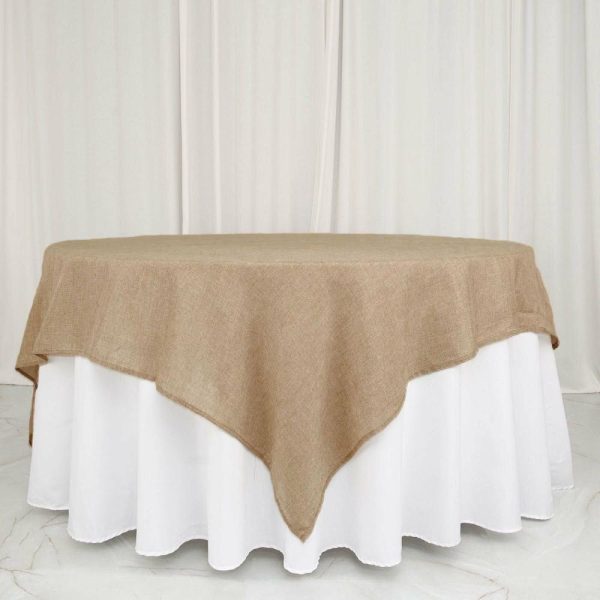 Burlap & Lace |  90″x90″ Natural Boho Chic Faux Burlap Jute Square Table Overlay