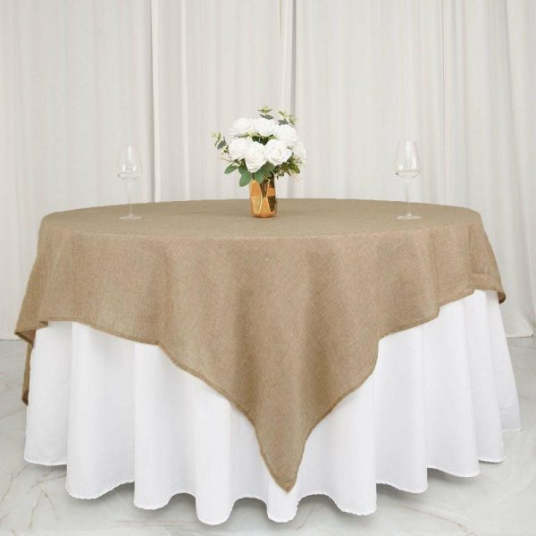 Burlap & Lace |  90″x90″ Natural Boho Chic Faux Burlap Jute Square Table Overlay