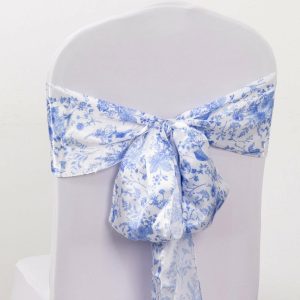 Chiavari Chair Decors |  5 Pack White Blue Satin Chair Sashes in French Toile Floral Pattern, Chair Bows – 6″x108″