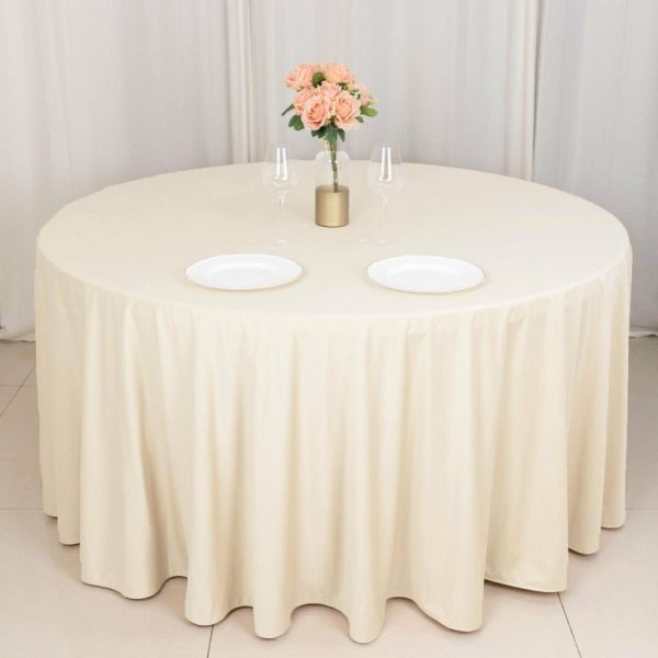 Commercial Grade Cotton & Polyester |  120″ Beige Premium Scuba Wrinkle Free Round Tablecloth, Seamless Scuba Polyester Tablecloth for 5 Foot Table With Floor-Length Drop