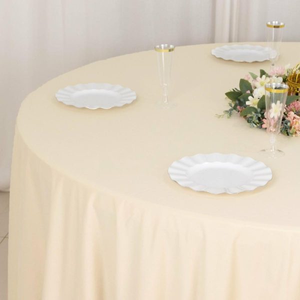 Commercial Grade Cotton & Polyester |  120″ Beige Premium Scuba Wrinkle Free Round Tablecloth, Seamless Scuba Polyester Tablecloth for 5 Foot Table With Floor-Length Drop