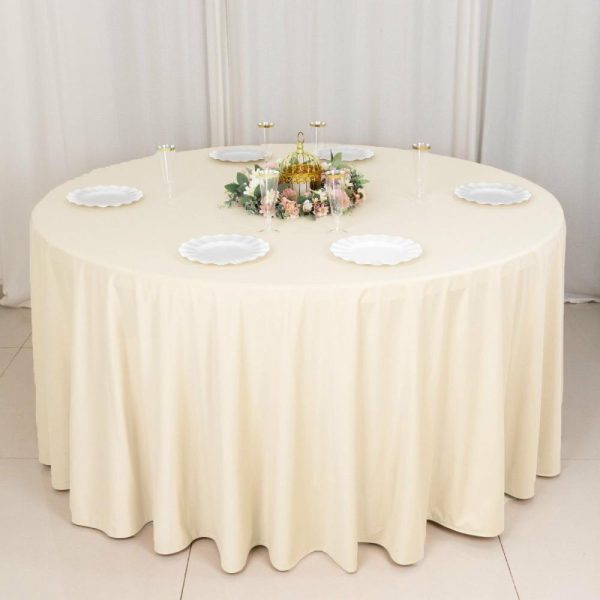 Commercial Grade Cotton & Polyester |  120″ Beige Premium Scuba Wrinkle Free Round Tablecloth, Seamless Scuba Polyester Tablecloth for 5 Foot Table With Floor-Length Drop