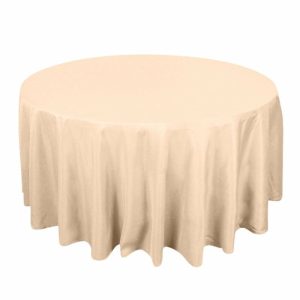 Commercial Grade Cotton & Polyester |  120″ Beige Seamless Premium Polyester Round Tablecloth – 220GSM for 5 Foot Table With Floor-Length Drop