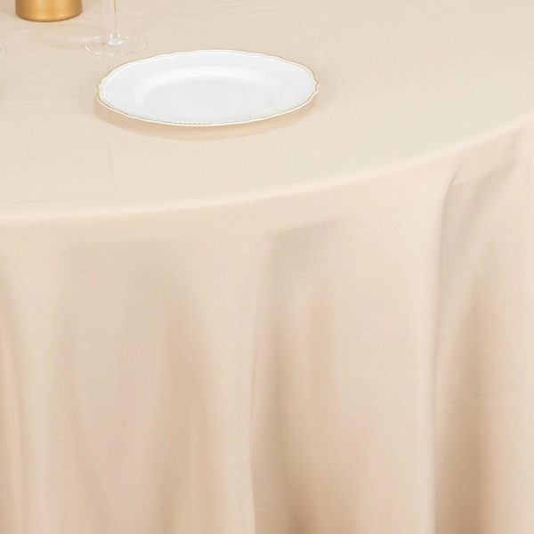 Commercial Grade Cotton & Polyester |  120″ Beige Seamless Premium Polyester Round Tablecloth – 220GSM for 5 Foot Table With Floor-Length Drop