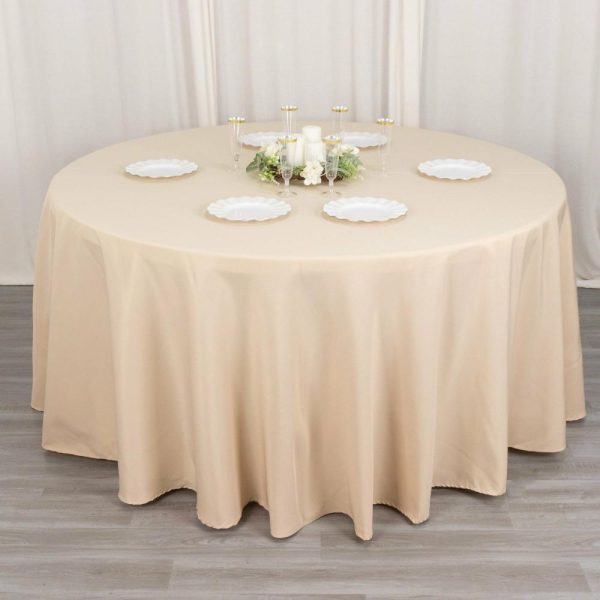 Commercial Grade Cotton & Polyester |  120″ Beige Seamless Premium Polyester Round Tablecloth – 220GSM for 5 Foot Table With Floor-Length Drop