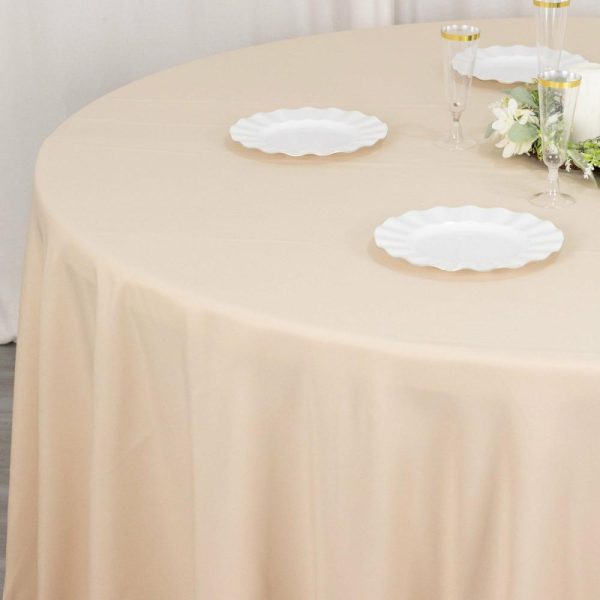 Commercial Grade Cotton & Polyester |  120″ Beige Seamless Premium Polyester Round Tablecloth – 220GSM for 5 Foot Table With Floor-Length Drop