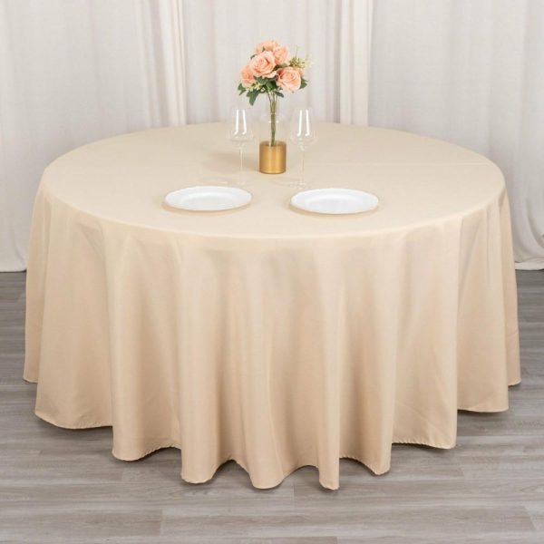 Commercial Grade Cotton & Polyester |  120″ Beige Seamless Premium Polyester Round Tablecloth – 220GSM for 5 Foot Table With Floor-Length Drop