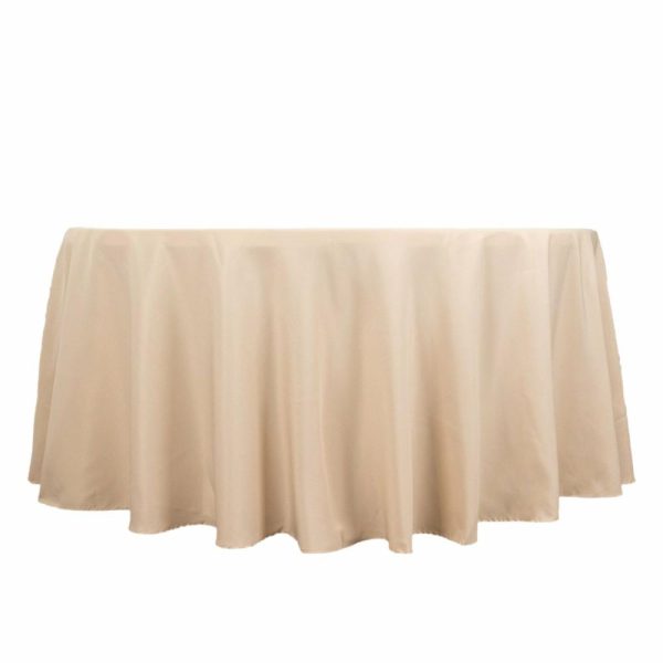 Commercial Grade Cotton & Polyester |  120″ Beige Seamless Premium Polyester Round Tablecloth – 220GSM for 5 Foot Table With Floor-Length Drop