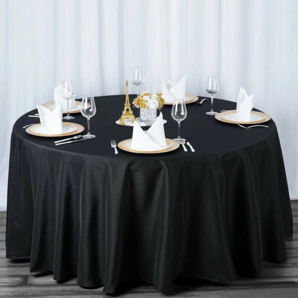 Commercial Grade Cotton & Polyester |  120″ Black Seamless Premium Polyester Round Tablecloth – 220GSM for 5 Foot Table With Floor-Length Drop