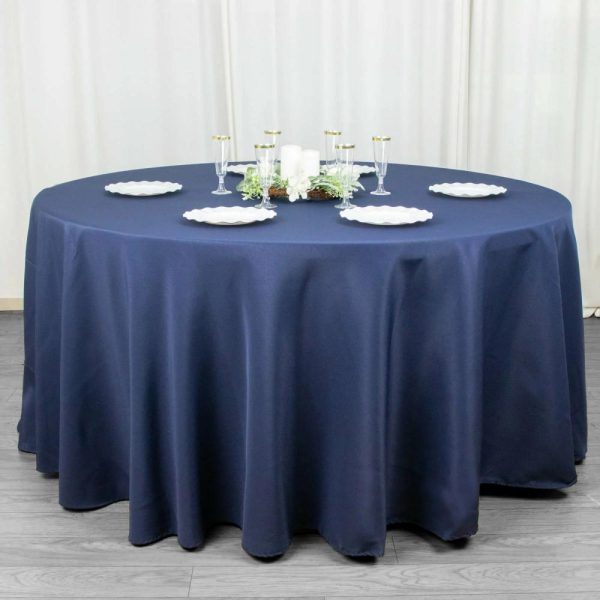 Commercial Grade Cotton & Polyester |  120″ Navy Blue Seamless Premium Polyester Round Tablecloth – 220GSM for 5 Foot Table With Floor-Length Drop