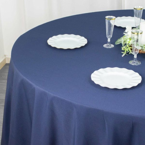 Commercial Grade Cotton & Polyester |  120″ Navy Blue Seamless Premium Polyester Round Tablecloth – 220GSM for 5 Foot Table With Floor-Length Drop