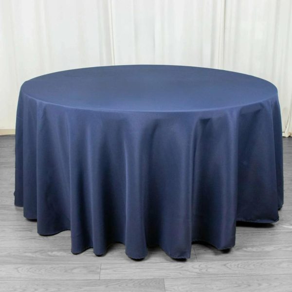 Commercial Grade Cotton & Polyester |  120″ Navy Blue Seamless Premium Polyester Round Tablecloth – 220GSM for 5 Foot Table With Floor-Length Drop