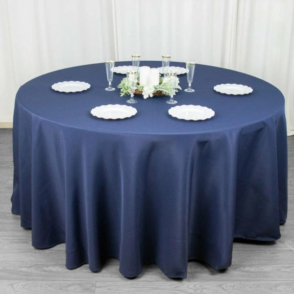 Commercial Grade Cotton & Polyester |  120″ Navy Blue Seamless Premium Polyester Round Tablecloth – 220GSM for 5 Foot Table With Floor-Length Drop