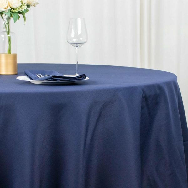 Commercial Grade Cotton & Polyester |  120″ Navy Blue Seamless Premium Polyester Round Tablecloth – 220GSM for 5 Foot Table With Floor-Length Drop