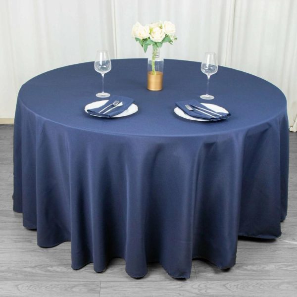 Commercial Grade Cotton & Polyester |  120″ Navy Blue Seamless Premium Polyester Round Tablecloth – 220GSM for 5 Foot Table With Floor-Length Drop