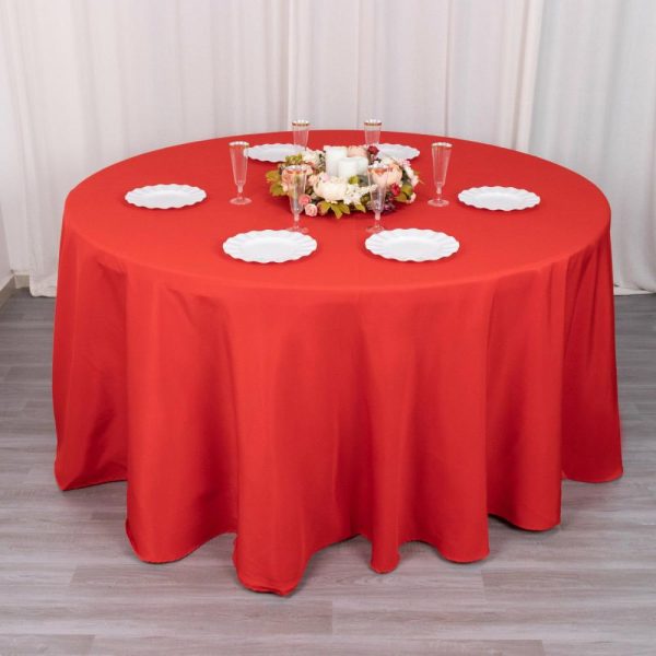 Commercial Grade Cotton & Polyester |  120″ Red Seamless Premium Polyester Round Tablecloth – 220GSM for 5 Foot Table With Floor-Length Drop