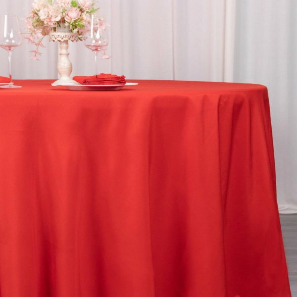 Commercial Grade Cotton & Polyester |  120″ Red Seamless Premium Polyester Round Tablecloth – 220GSM for 5 Foot Table With Floor-Length Drop