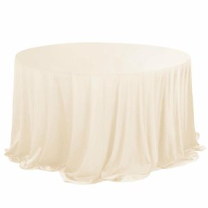 Commercial Grade Cotton & Polyester |  132″ Beige Premium Scuba Wrinkle Free Round Tablecloth, Seamless Scuba Polyester Tablecloth for 6 Foot Table With Floor-Length Drop